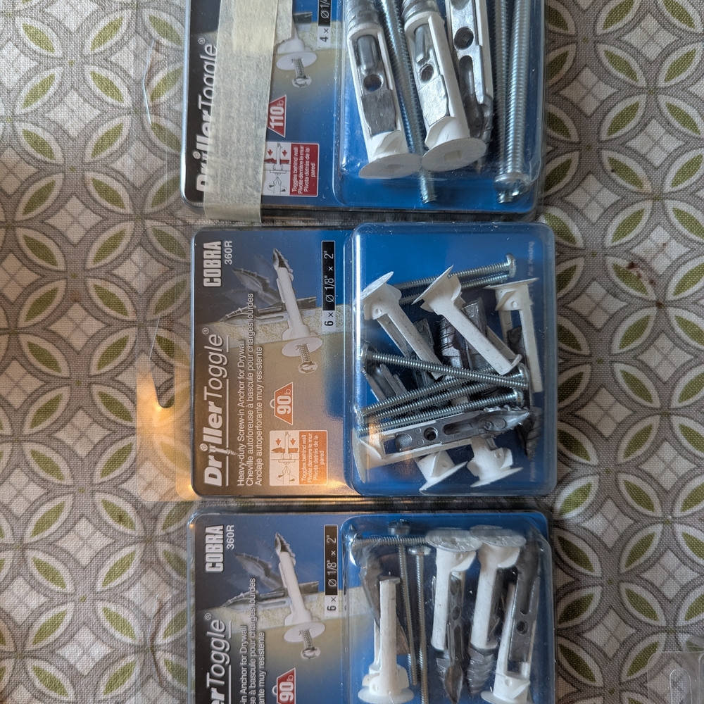 Three Packages Of Cobra DrillerToggle Anchors with Screws